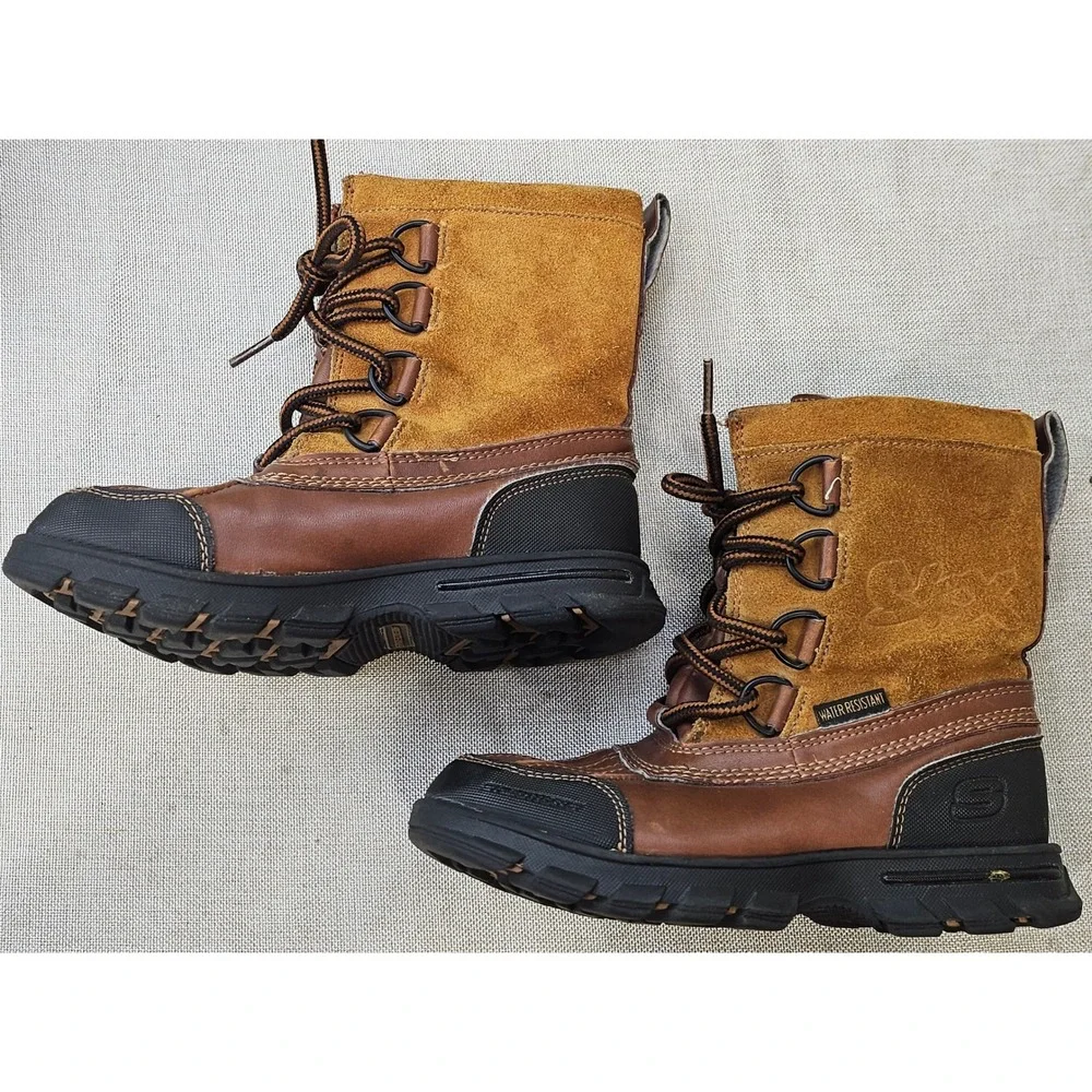Skechers Duck Boots Youth 1 Brown Water Resistant Leather Suede Winter SN 93867L